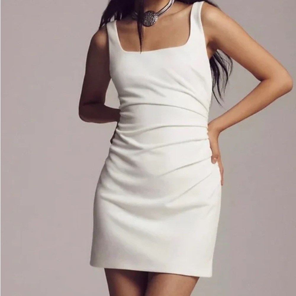 BHLDN Molly Stretch Crepe Dress Sz S Square Neck Ruched Mini White